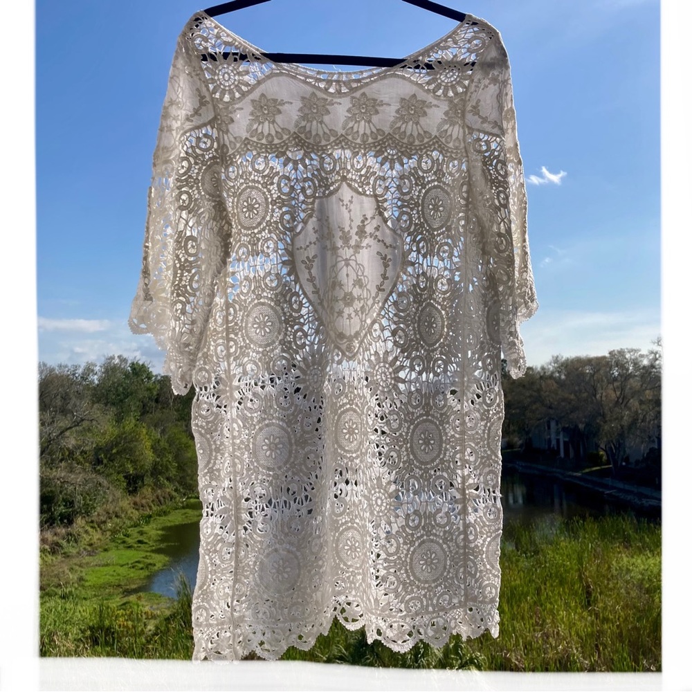 Crochet Sweater Top Blouse 3/4 sleeve/Lace /White/Summer/Beach/Size: M